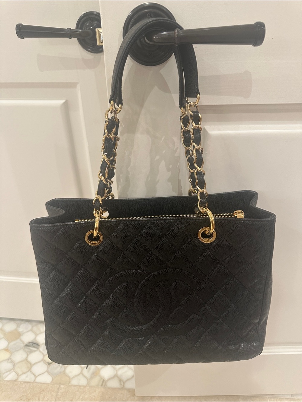 CHANEL Black Quilted Leather Shoulder Tote with Gold Chain Straps